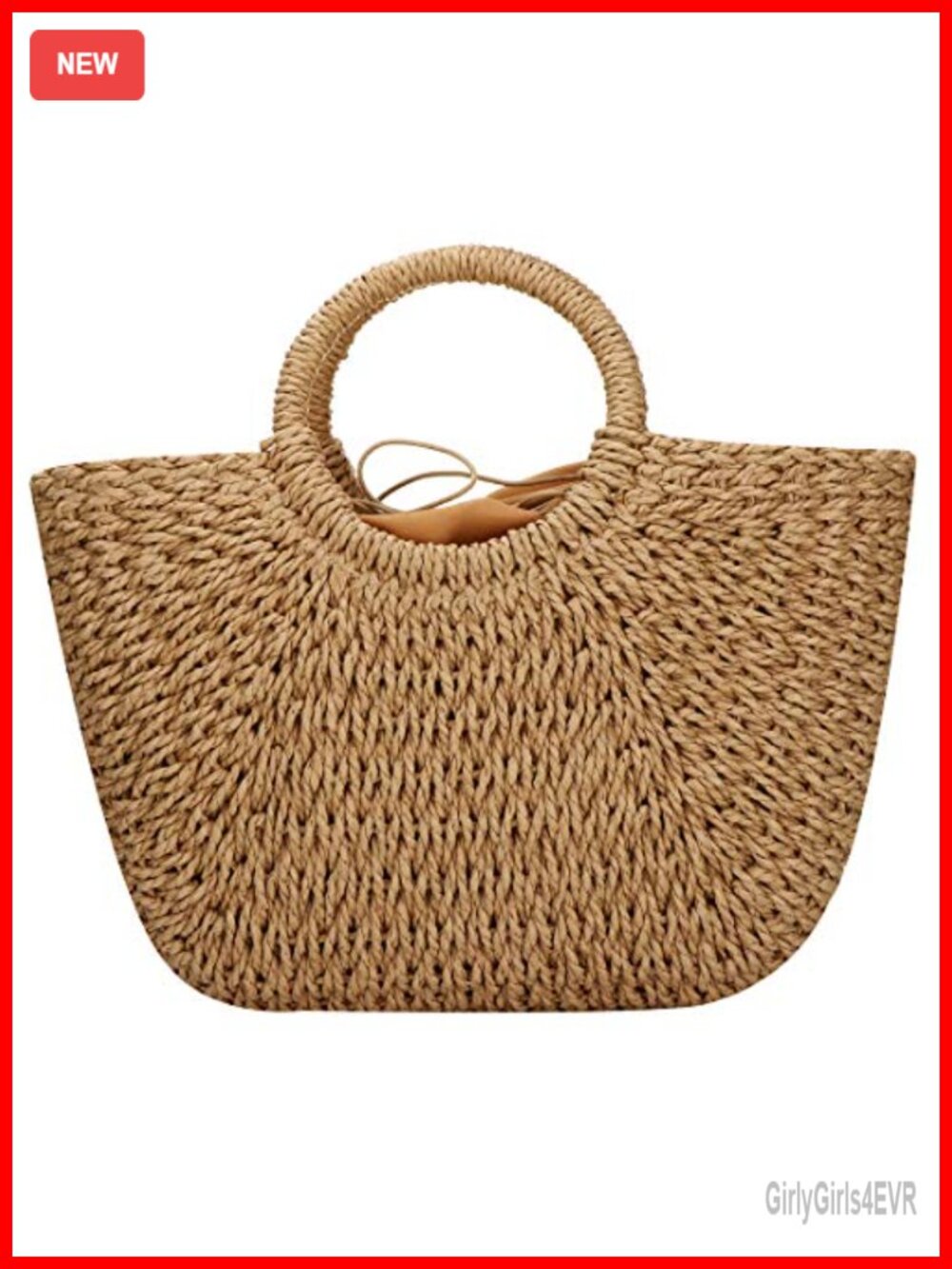 Hand-Woven Straw Tote Bag with Round Handle Retro Summer Beach Rattan Bag